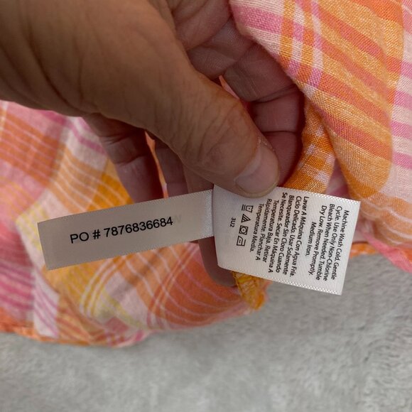Time & Tru Women's Linen Blend Shirt L Plaid Button-Up Pink Orange Short Sleeve - Picture 9 of 14
